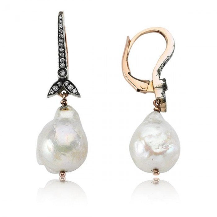 Pırlantalı Barok İnci Rose Altın Küpe